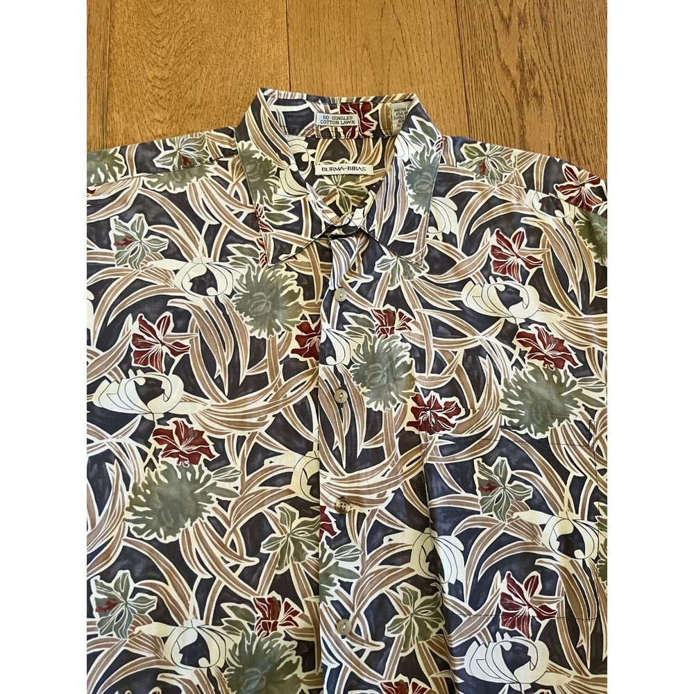 Burma Bibas Mens 60 Singles Cotton Lawn Floral Button Dn Shirt L Short Sleeve